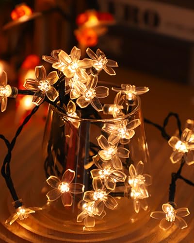 Cherry Blossom Fairy Flower String Lights Indoor Bedroom Decorations, 33ft 100 LED USB Plug in Decorative Floral Lamp for Christmas Tree Classroom Window Camping Vine Hanging (Warm White) - color: 33ft Warm White Flowers