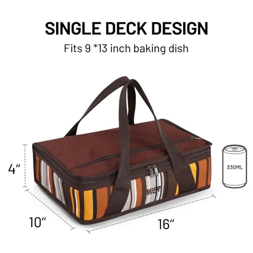 MIER Insulated Casserole Carrier for Hot or Cold Food Thermal Food Carrier Bag for Lasagna Potluck Parties Picnic Cookouts, Fits 9"x13" Baking Dish/Foil Pan, Brown - color: Brown, size: 16 x 10 x 4 inches