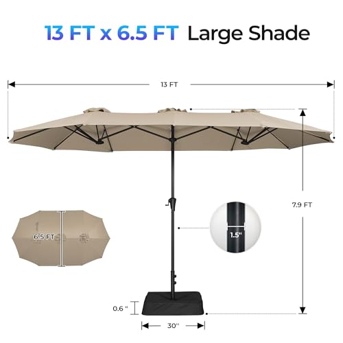 SUPERJARE 13FT Outdoor Patio Umbrella with Base Included, Double Sided Pool Umbrellas with Fade Resistant Canopy, Large Table Umbrella for Deck, Market, Backyard - Warm Beige - color: Warm Beige, size: 13FT