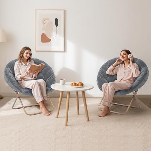 MoNiBloom Round Folding Faux Fur Saucer Chair for Bedroom Living Room Dorm Foldable Metal Frame Oversized Large Comfy Furry Padded Soft Lounge Lazy Cozy Moon Chair for Adults (Gray, 2 Pieces) - color: Grey