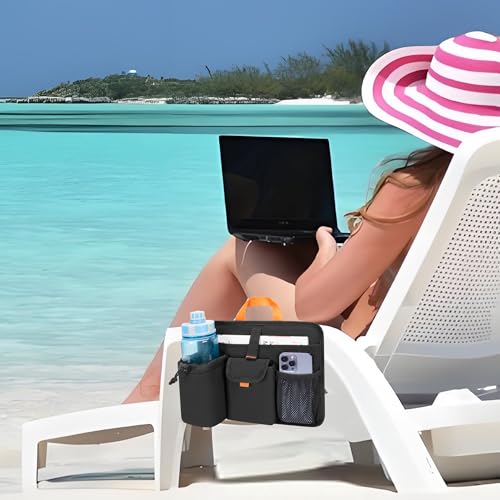 Beach Chair Cup Holders, Arm Organizer for Camping with 2 Self-Adhesive Fastener Strap, Hanging Bag Insulation with 4 Pockets, Camp Chair Accessories for Water Bottle, Magazine, Black, Patent Design - size: M