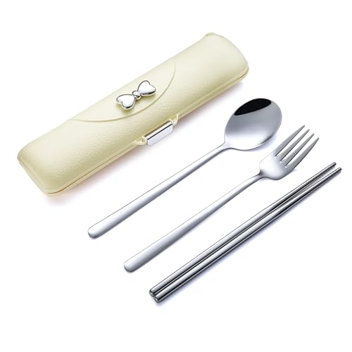 DEVICO Travel Silverware Set with Case, Portable Lunch Utensils Set for Work, Reusable Travel Cutlery Set, 18/8 Stainless Steel Flatware for Caming School Picnic, Dishwasher Safe (Light Yellow) - color: Light Yellow