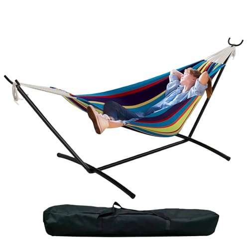 GarveeHome Double Hammock with Stand - Heavy Duty 450lbs Capacity, Portable Cotton Hammock for 2 Adults, Indoor & Outdoor Use with Travel Bag, Quick Assembly, Tropical Stripe Pattern - color: Tropical