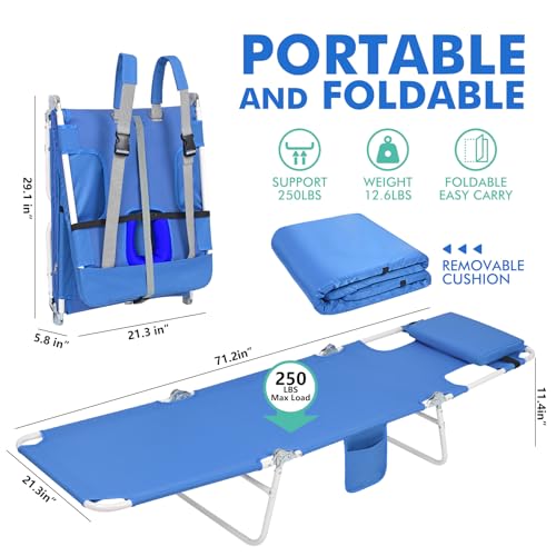 3 in 1 Women Comfort Backpack Tanning Beach Chair with Face Hole Padded Adjustable & Cushion | Portable Folding Lounge Sun Chair for Adult Outside Reading Sunbathing Poolside | Reclining 6 Position - color: Royal Blue / 1 Pack