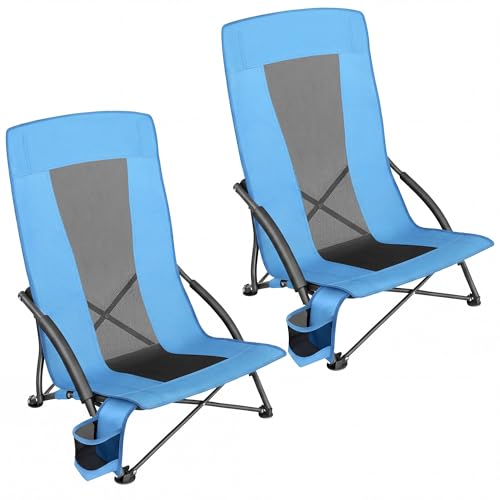SONGMICS Set of 2 Portable Beach Chairs for Adults, Max. Load 330 lb Each, High Backrest, Cup Holder, Lightweight, Heavy-Duty, Light Blue UGCB067Q01V1 - color: Light Blue, style: 2 Pack