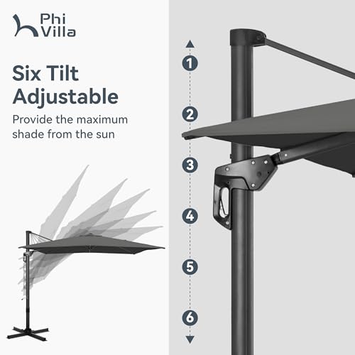 PHI VILLA 9'x 12' Cantilever Patio Umbrella with Crank Handle, 6-Level Tilt & 360° Rotation, Aluminum Square Outdoor Offset Umbrella Windproof & Crashproof for Garden, Deck, Pool (Grey) - color: Grey, size: 9'x12'- No Base