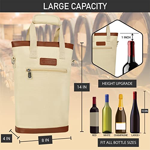 opux Two Bottle Wine Bag Carrier Tote, Insulated Leakproof 2 Bottle Wine Cooler Bag for Travel BYOB Picnic, Portable Wine Case, Gift for Men Women Wine Lover Birthday Party Christmas, Cream Beige - color: Cream Beige