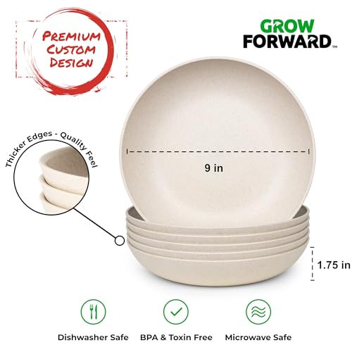 Grow Forward Premium Wheat Straw Pasta Bowls - 42oz Unbreakable Wide & Shallow Dinner Plate Bowls Set of 6 - Microwave Safe Reusable Plastic Pasta Bowls for Kids, Adults, Salad, Camping, RV - Sahara - color: Sahara Beige, size: 42oz