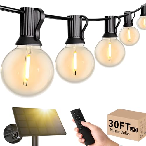 Svater Solar Outdoor String Lights 30 FT, G40 Patio Lights Shatterproof Dimmable Vintage Edison Bulbs, Solar Powered Weatherproof Light for Patio, Backyard, Garden, Bistro, Warm White - size: 30FT
