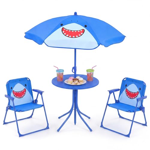 Costzon Kids Picnic Table, Kids Outdoor Table with 2 Folding Chairs, Height Adjustable Umbrella, Portable Children Outdoor Furniture for Patio, Garden, Backyard (Blue Shark) - color: Blue Shark