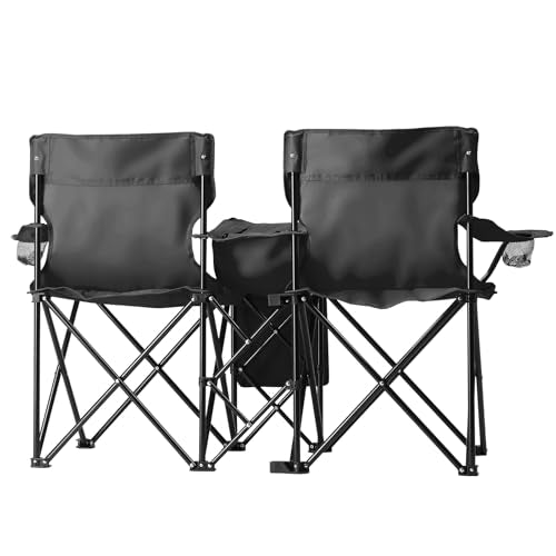 Double Folding Camping Chair W/Umbrella Fold Up Table Beverage Holder Carrying Bag Cooler for Patio Pool Park Outdoor Beach, Picnic, Portable (Black) - color: Black