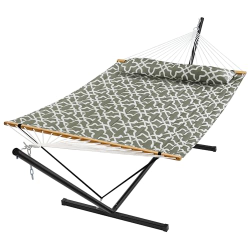SUPERJARE Hammock with Stand, 2 Person Quilted Outdoor Hammock, Detachable Pillow & Bamboo Spreaders, Portable with Carrying Bag, Heavy Duty Stand, Perfect for Outside, Patio, Grey with White Flower - color: Grey With White Flower, size: 55.1"W × 74.8''D
