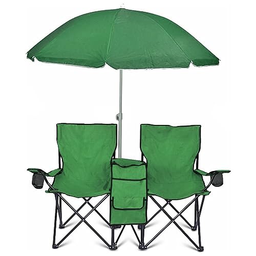 GoTEAM! Portable 2-Seat Folding Camp Chair with Cooler, Umbrella & Cup Holders – Outdoor Picnic, Beach, or Tailgate Seating – Carry Case Included - color: Green
