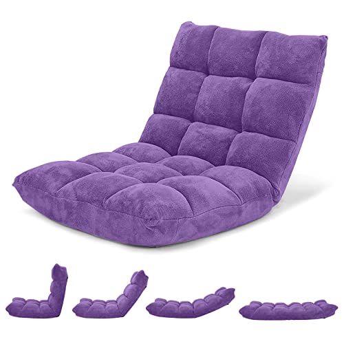 Giantex Floor Chair with Back Support, 14 Adjustable Position, Padded Sleeper Bed, Couch Recliner, Folding Gaming Floor Chairs for Adults, Living Room, Bedroom, Yoga, Meditation, Purple - color: Purple, size: 26.5"x22.5"x22"