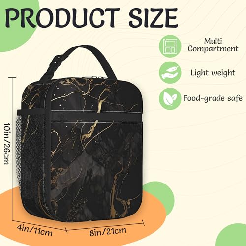 Black Gold Marble Reusable Lunch Bag,Modern Abstract Insulated Lunch Box with Side Pockets for Girls Boys Women Portable Thermal Cooler Bag for Teens School,Work,Picnic,Beach - color: Black Gold Marble