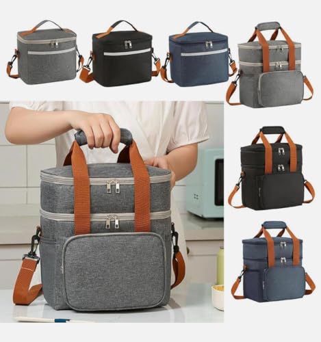 Double Layer Cooler Bag – Leakproof Thermal Food Storage Tote with Shoulder Strap – Large Capacity for Work, Travel, or Picnic – Available in Gray, Black & Navy Blue - color: Grey
