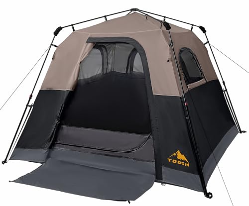 3/4 Person Camping Tent with 1 Door, 4 Windows, and Upgraded Ventilation– Instant Setup, Waterproof, 8'x 8'x 67''Oxford Fabric Floor Pop Up in 60 Seconds Includes Rainfly and Backpack - color: 4 Person Black/2-Layer