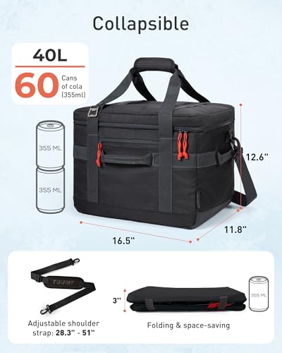 TOURIT Soft Sided Cooler Bag Insulated 30/48/60 Cans, Large Collapsible & Leakproof Ice Chest for Picnic, Beach, Camping, Travel - color: Black, size: 60Can 40L