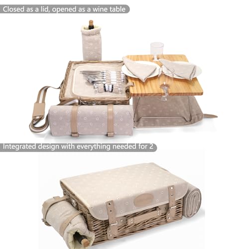 Multifunctional Wicker Picnic Basket Set for 2 with Blanket and Picnic Table, Insulated Picnic Set with Full Tablewares for Camping Outdoor Couples, Flowers - color: Flowers With Blanket &Table for 2