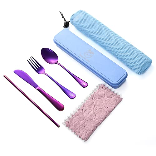 Boulder Bee | Travel Utensils Set | Reusable Camping Cutlery Set | Stainless Steel Flatware Set | Portable Silverware Set with Case | Includes Knife/Fork/Spoon/Straw/Cleaning Cloth/Case (Purple) - color: Purple