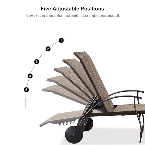 PURPLE LEAF Outdoor Chaise Lounge Chair Set of 3 Patio Pool Lounger Aluminum Chairs with Side Table and Wheels Adjustable Tanning Recliner for Outside Backyard Yard Deck Balcony Beach Brown - color: Brown, size: 2 Chairs with Wheels & 1 Table