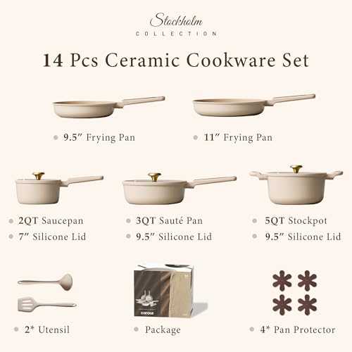 CAROTE Ceramic Cookware Set Nonstick, 14pcs Pots and Pans Set Nonstick, Non-Toxic & PFAS-Free, Dishwasher, RV/Camping Cookware Set, Cooking Pots with Lids, Light Taupe - color: Light Taupe