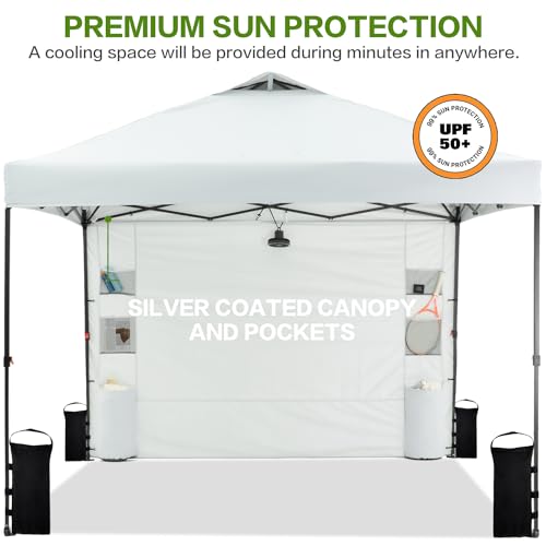 Tunbne 10'x10' Pop Up Canopy Tent with 1 Sidewall and 6 Pockets, One Push Setup, Instant Shade Tent with Vented Roof for Beach Patio Outdoor, Case, 8 Stakes, 4 Ropes, 4 Sandbags (White) - color: White, size: 10x10