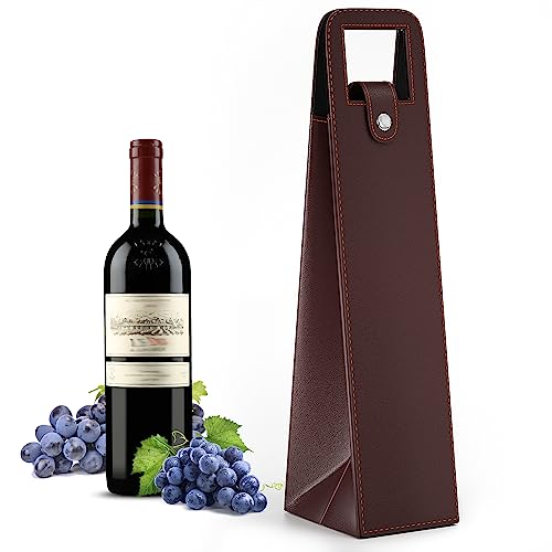 RYDDOY Wine Gift Bag, Reusable Leather Wine Tote Carrier, Single Bottle Champagne Beer Gift Bags Carrier for Birthday, Wedding, Picnic Party, Christmas festival Gifts (Brown) - color: A-Brown-16.1×3.5×3.5