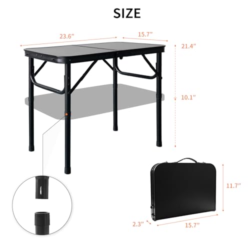 2FT Small Camping Portable Table, Black Aluminum Frame, Adjustable Height up to 21", Lightweight Carry Handle, Portable for Travel, Camping Outdoor Use - size: 2 ft × 1.3 ft × 1.78 ft H