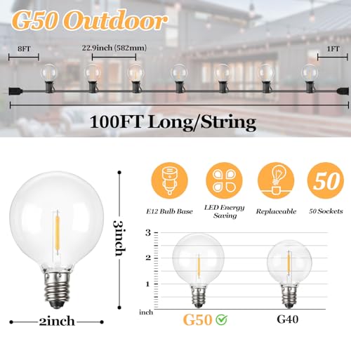 Bosceos 100ft Outdoor G50 LED Globe String Lights Dimmable Waterproof Shatterproof Light Strings with 52 Bulbs Connectable Commercial Hanging Lights for Christmas Patio House Backyard Balcony Party - color: Black, size: 100FT-G50