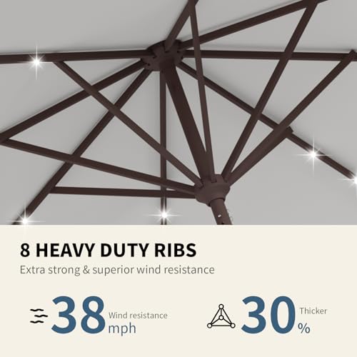 9FT Patio Umbrella with Solar Lights,Outdoor Market Umbrella with Tilt and Crank, LED Lighted Table Umbrella for Garden,Deck,Backyard,Pool,Beach (Light Gray) - color: Light Gray