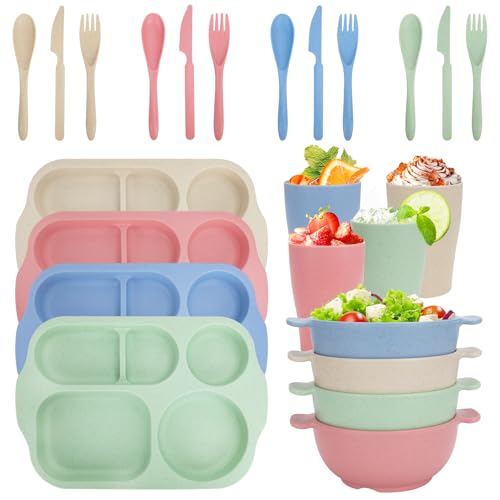 Unbreakable Dinnerware Sets for 4 People,24pcs Divided Plates and Bowls, Reusable Dinnerware Plastic Plates, Cups, Bowls, Cutlery Set for School Party, Camping, Home, Office - color: Pink
