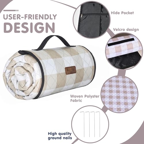 HX&OD Outdoor Picnic Blanket, Extra Large, 80''x60'' Waterproof Foldable Blankets Gingham Picnic Mat for Beach, Camping Grass Lawn Park Accessories Cute Couple Ideas Wedding (Light Brown, 80”x60”) - color: Light Brown, size: 5' x 6'8" (Square)