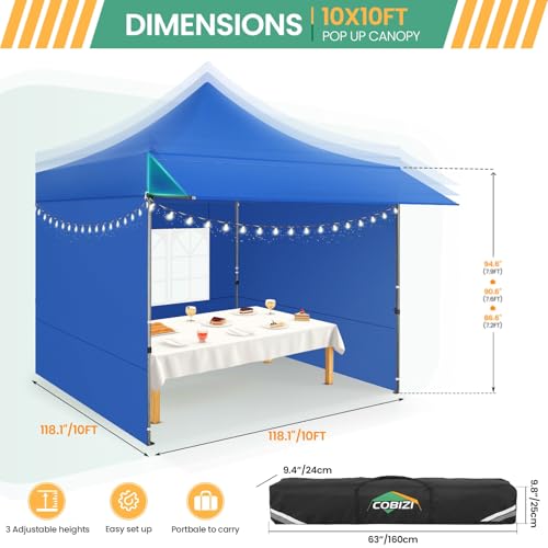 COBIZI 10x10 Pop up Heavy Duty Canopy Tent, Commercial Instant Canopies with Sturdy Awning, Outdoor Canopies for Market, Event, Blue - color: Blue, size: 10x10FT with 3 Sidewalls & 1 Awning Cloth