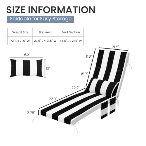 Crestlive Products Foldable Outdoor Chaise Lounge Cushions with Head Pillow and Side Pockets,Water Repellent & Fade Resistant Lounge Chair Cushion, 72''L x 21''W, Black Stripe - color: Stripe|black&white, size: 1PC|72"L x 21"W