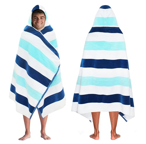 COTTON CRAFT Hooded Beach Towel – Oversized 39 x 68 Towel with Hood for Adults - 100% Ringspun Cotton Velour Terry Towel - 450 GSM - Super Soft Plush Absorbent Quick Dry Bath Wrap – Cabana Stripe Blue - color: Ocean Blue, size: 1 Pack - 39x68 Hooded