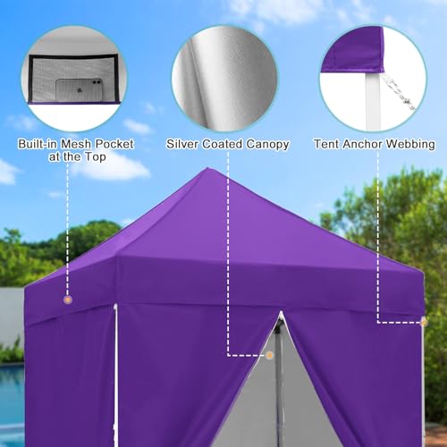 5x5 Pop Up Canopy Tent with Four Sidewalls, Instant Portable Beach Canopy, Outdoor Tent with Carry Bag for Camping, Sports, Tailgating, Events, Purple - color: Purple, size: With Four Walls