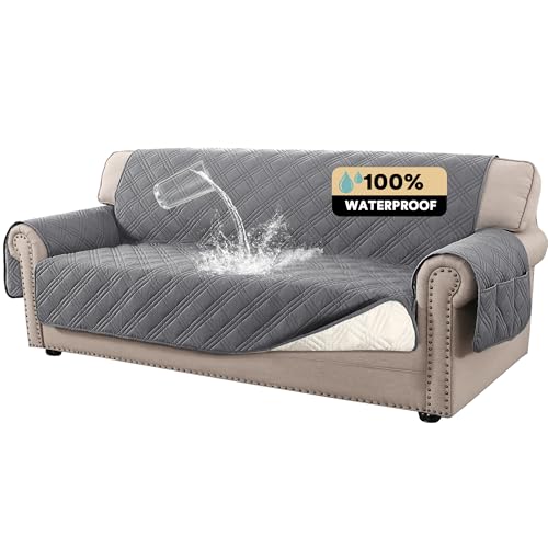 PrinceDeco 100% Waterproof Couch Cover for 3 Cushion Couch Sofa Pet Friendly Non-Slip Couch Cover for Dogs Washable Water Resistant Furniture Protector with Elastic Straps(Sofa 68", Grey) - color: Grey, size: Sofa