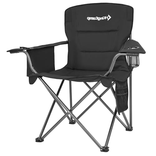 KingCamp Padded Portable Outdoor Folding Lounge Chairs with Built In Cupholder, Insulated Cooler Sleeve, and Side Storage Pocket, Black - color: Black, size: 1 Pack