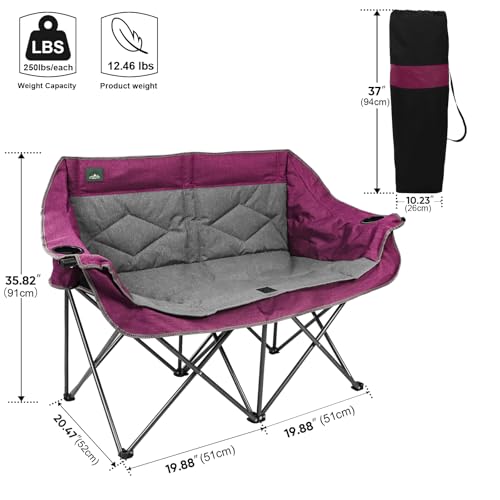 Northroad Folding Loveseat Camping Chair Portable Double Duo Full Padded Garden Chair for 2 Person Sofa w/ 2 Cup Holder,Wine Glass Holder,Mesh Storage,Support 500lbs for Picnic Beach Travel (Purple) - color: Purple&grey