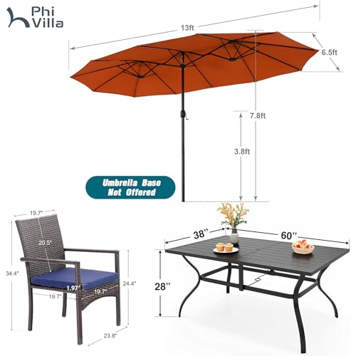 PHI VILLA 7 Piece Patio Dining Set with Umbrella, 60” Rectangular Metal Dining Table & 6 Cushioned Rattan Wicker Chairs & 13ft Large Red Umbrella for Outdoor, Deck, Yard, Porch - color: Red, size: 7 PCS 60" Steel Table