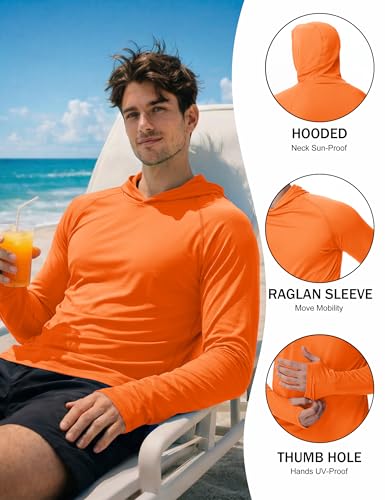 KEFITEVD Men's Sun Protection UPF 50+ Hoodie Shirts Long Sleeve Swimming Fishing Shirt SPF UV Quick Dry Rash Guards - color: Orange, size: Small