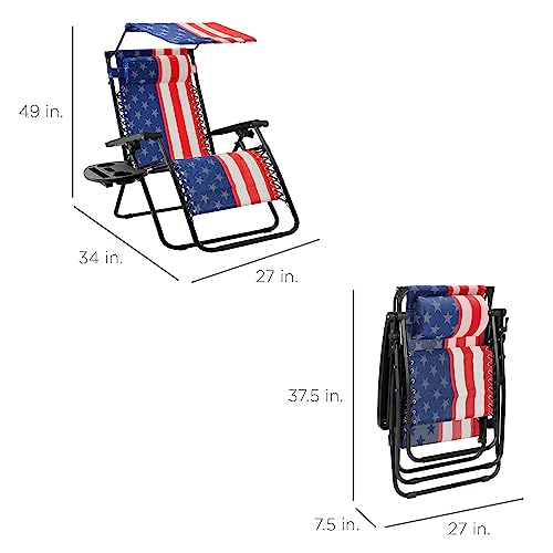 Best Choice Products Folding Zero Gravity Outdoor Recliner Patio Lounge Chair w/Adjustable Canopy Shade, Headrest, Side Accessory Tray, Textilene Mesh - American Flag - color: American Flag, size: Standard