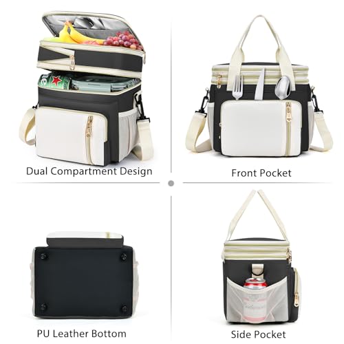 Lunch Box & Lunch Bag for Women Men, Large Insulated Adult Lunch Box Leakproof Lunchbox Cooler Bag for Work Picnic Beach,16L, Black & White - color: Carbon Black