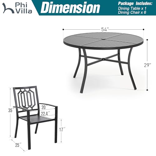 PHI VILLA 7 Pieces Outdoor Round Dining Set for 6, Wrought Iron Dining Circular Table with Umbrella Hole & Stackable Metal Steel Chairs, Large Dining Furniture Set for Patio, Deck, Yard, Porch - color: Hexagon Back Chair, size: 7pcs-54" Round Table