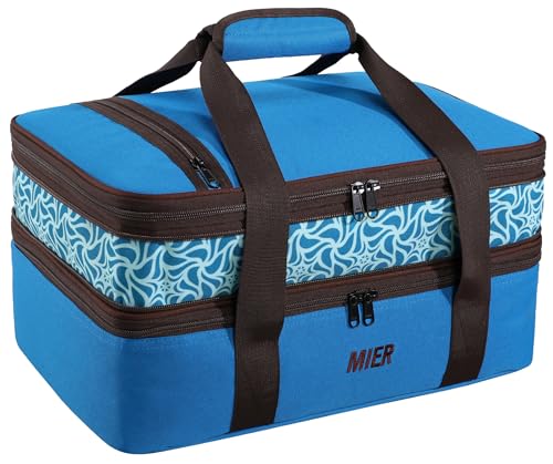 MIER Insulated Double Casserole Carrier Bag Thermal Lunch Tote for Lasagna Lugger, Potluck Parties, Picnic, Beach, Fits 9 x 13 Inches Baking Dish, Casserole Dish, Expandable by Mid Zipper, Blue - color: Blue