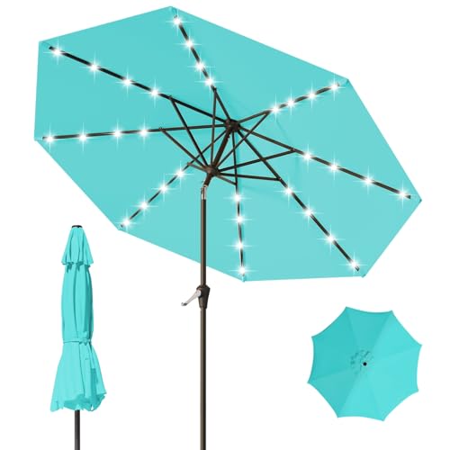 9FT Patio Umbrella with Solar Lights,Outdoor Market Umbrella with Tilt and Crank, LED Lighted Table Umbrella for Garden,Deck,Backyard,Pool,Beach (Peacock Blue) - color: Peacock Blue