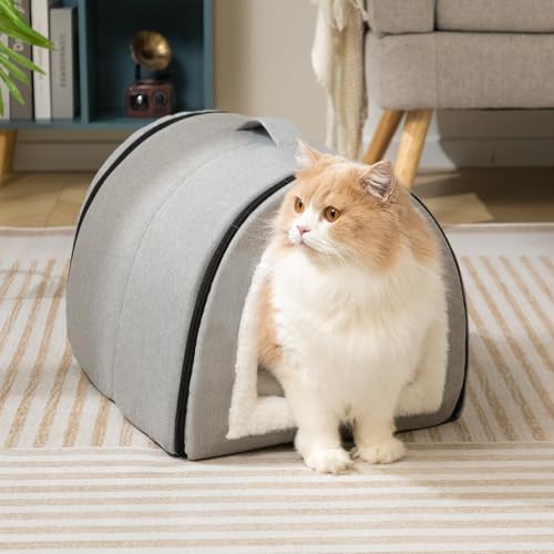 Hollypet Cat Bed Self-Warming 2 in 1 Foldable Kitty Cave Hut House Nest Pet Sleeping Bed, Linen Pet Condo for Indoor Cats, Gray Arched Cave - color: Gray Arched Cave