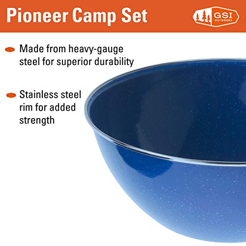 GSI Outdoors Camp Dinnerware Set I 4-Person Set Includes Pioneer Enamel Percolator, Frypan, Kettle, Bowls, Plates & Coffee Mugs - color: Blue