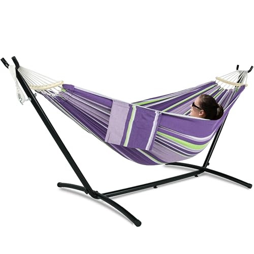 Gafete Double Hammock with Stand for Outside, Upgraded Spreader Bar, Heavy Duty Space Saving Steel Stand 2 Person, Side Pockets, Easy Assembly, 600lbs Weight Capacity (Tranquility Purple) - color: Ranquility Purple